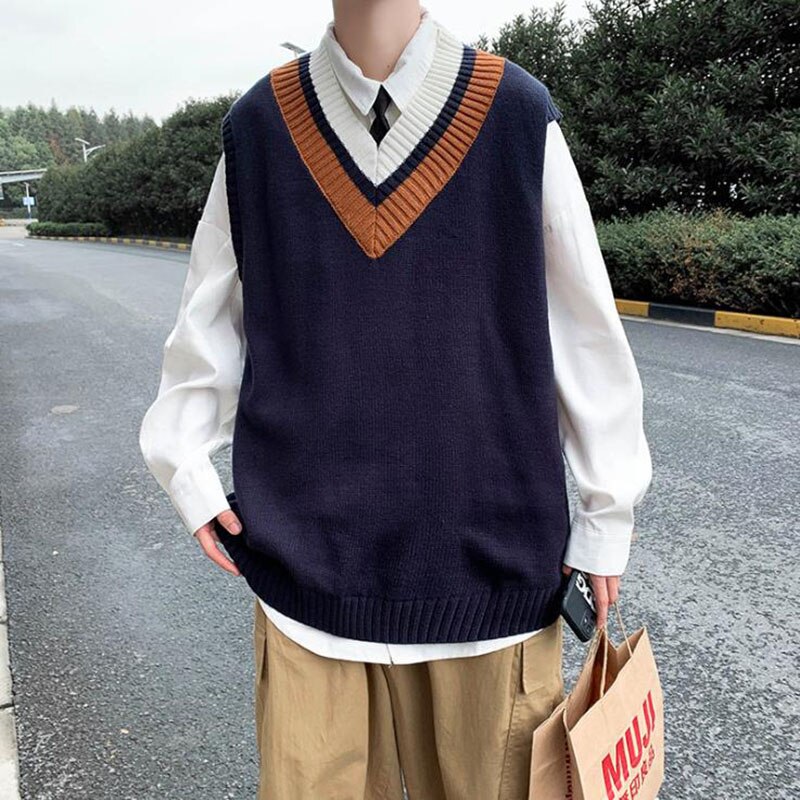 2021 Mens V-Neck Sweater Vest Spring Autumn Lovers Harajuku Korean Fashions Male Streetwear Sleeveless Waistcoat Clo